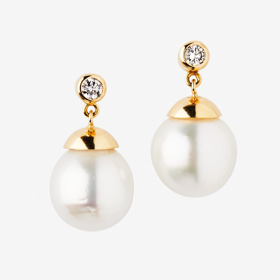 Meadow South Sea Pearl and Round Diamond Earrings in 20K Peach Gold-12mm Reinstein Ross Goldsmiths