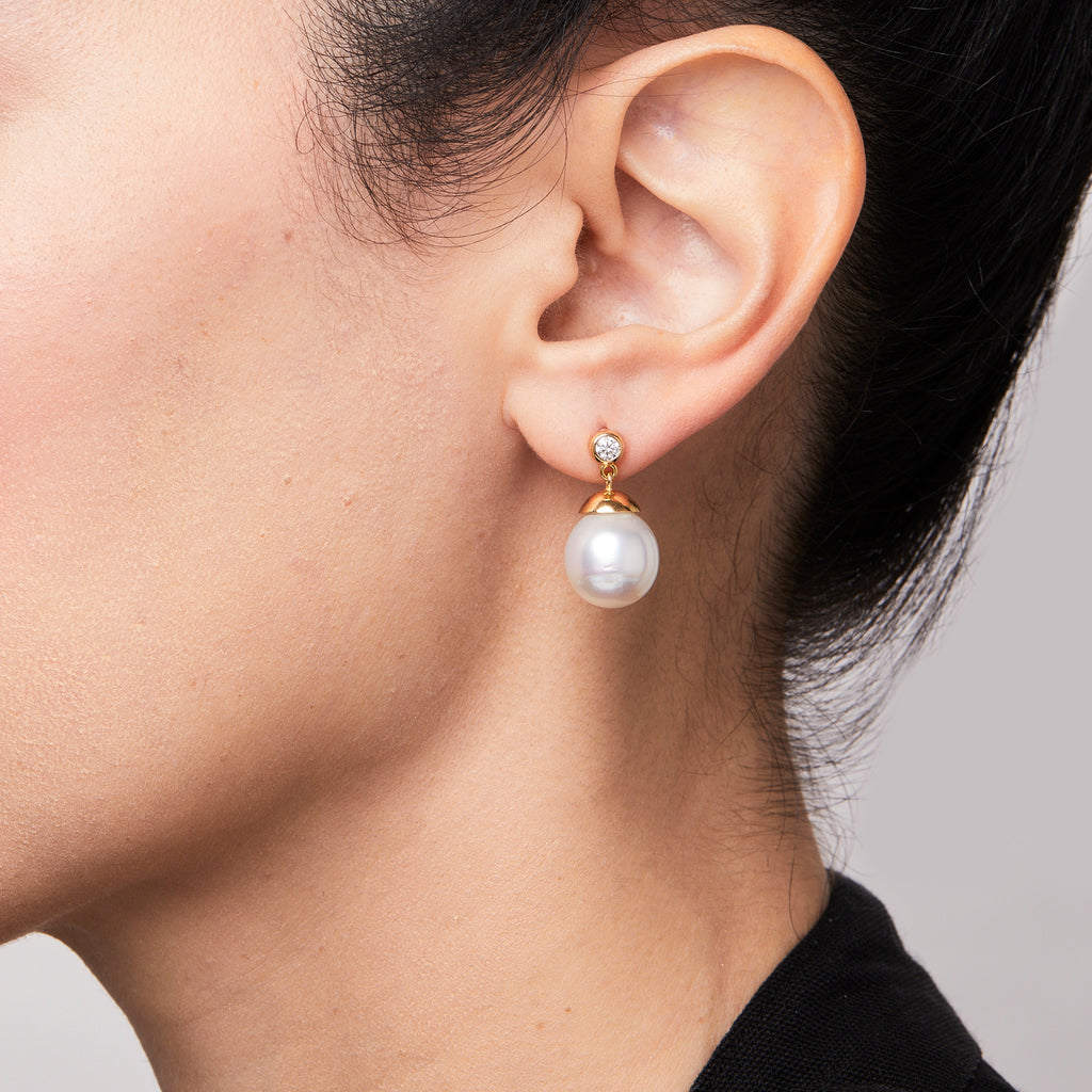 Meadow South Sea Pearl and Round Diamond Earrings in 20K Peach Gold-12mm