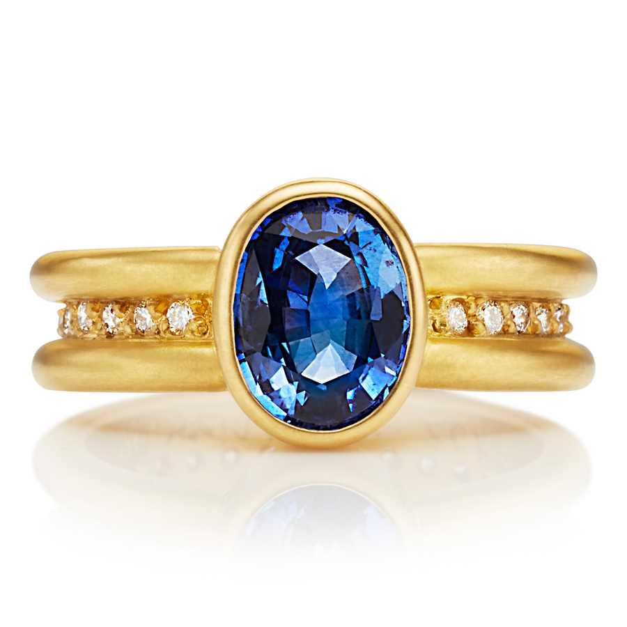 Shimmer Oval Blue Sapphire Ring in 20K Peach Gold Reinstein Ross Goldsmiths