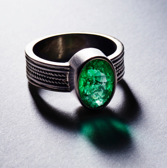Braid Triple Row Oval Emerald Ring in 18K Alpine Gold Reinstein Ross Goldsmiths