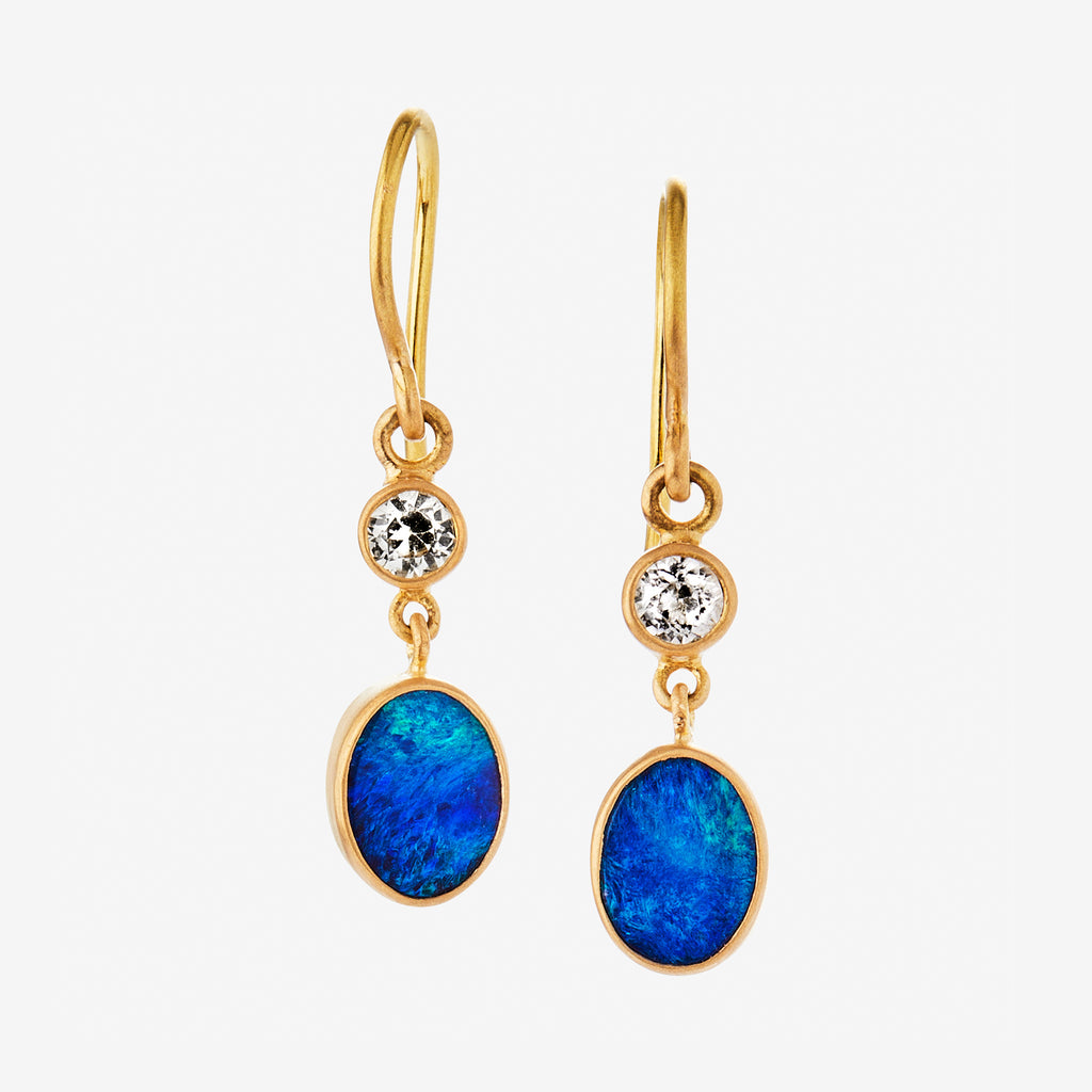 Sedona Two Part White Sapphire and Blue Opal Earrings in 20K Peach Gold Reinstein Ross Goldsmiths