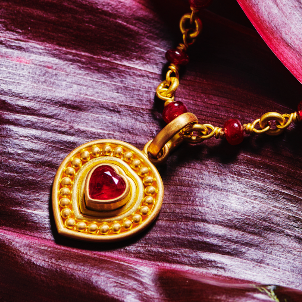 Salome Classic "Rosetta" Heart Ruby Pendant in 20K Peach Gold Reinstein Ross Goldsmiths
