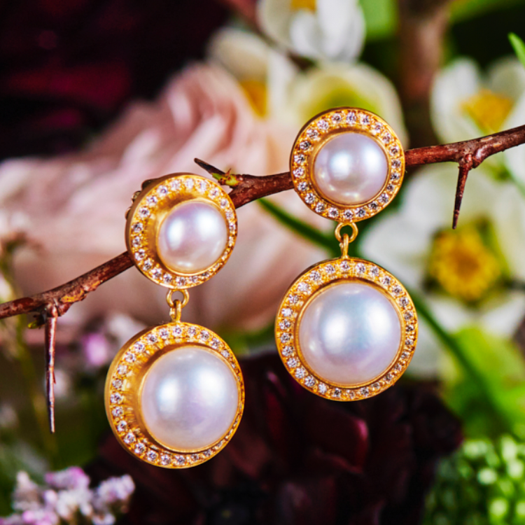 Shimmer Sahara "Empress" Pearl Earrings in 20K Peach Gold Reinstein Ross Goldsmiths