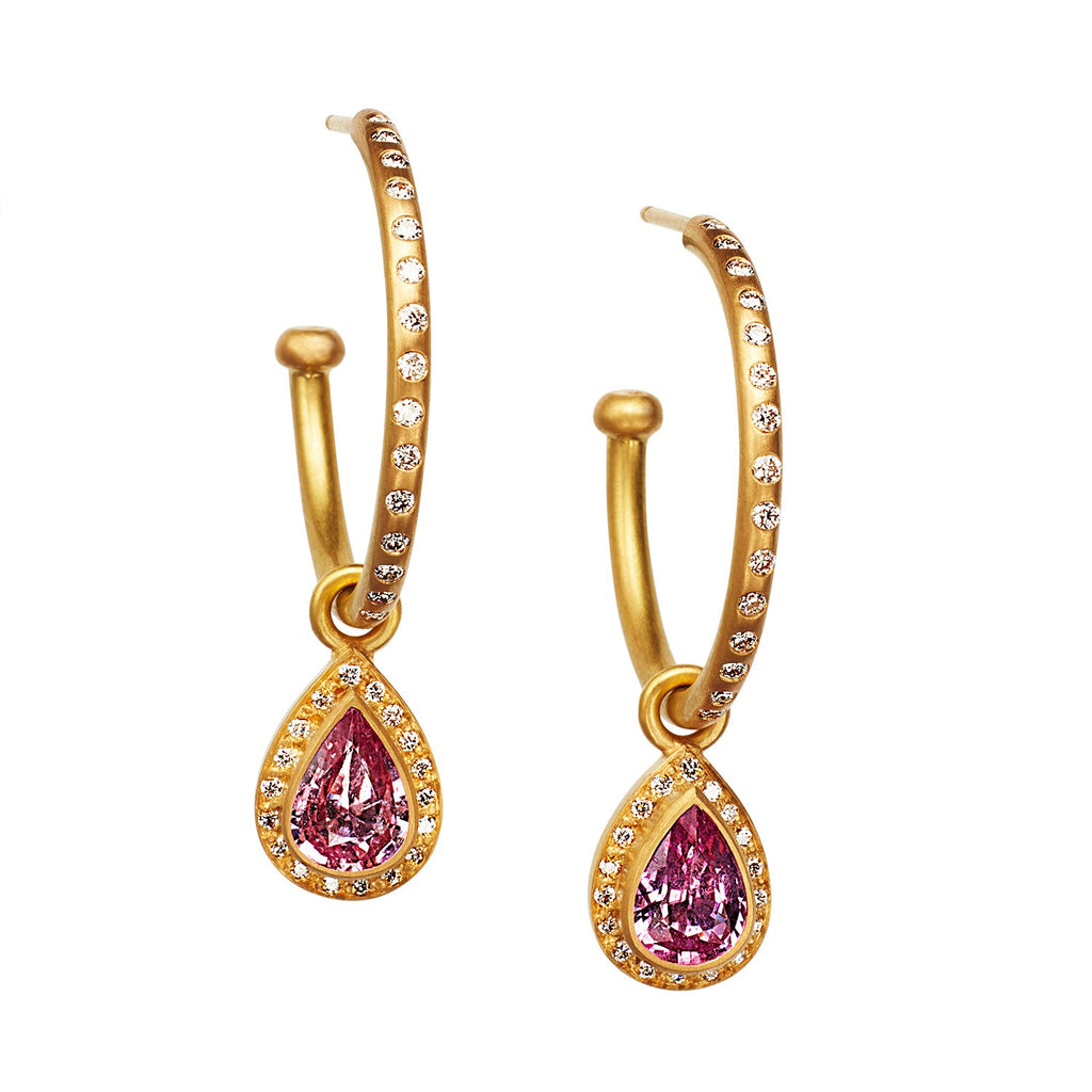 Shimmer Sahara Pink Sapphires and Diamond Drops in 20K Peach Gold Reinstein Ross Goldsmiths