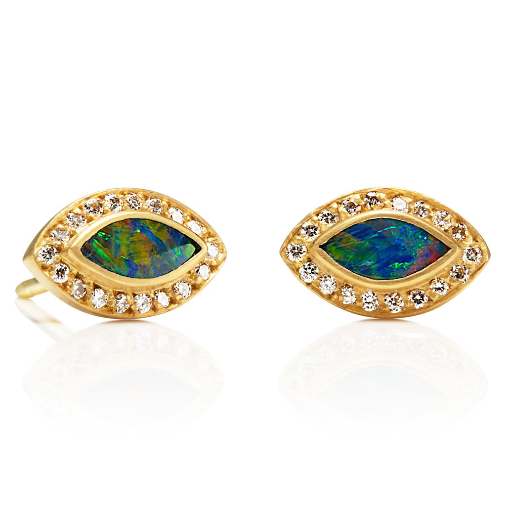 Shimmer Sahara Navette Opal and Diamond Studs in 20K Peach Gold Reinstein Ross Goldsmiths