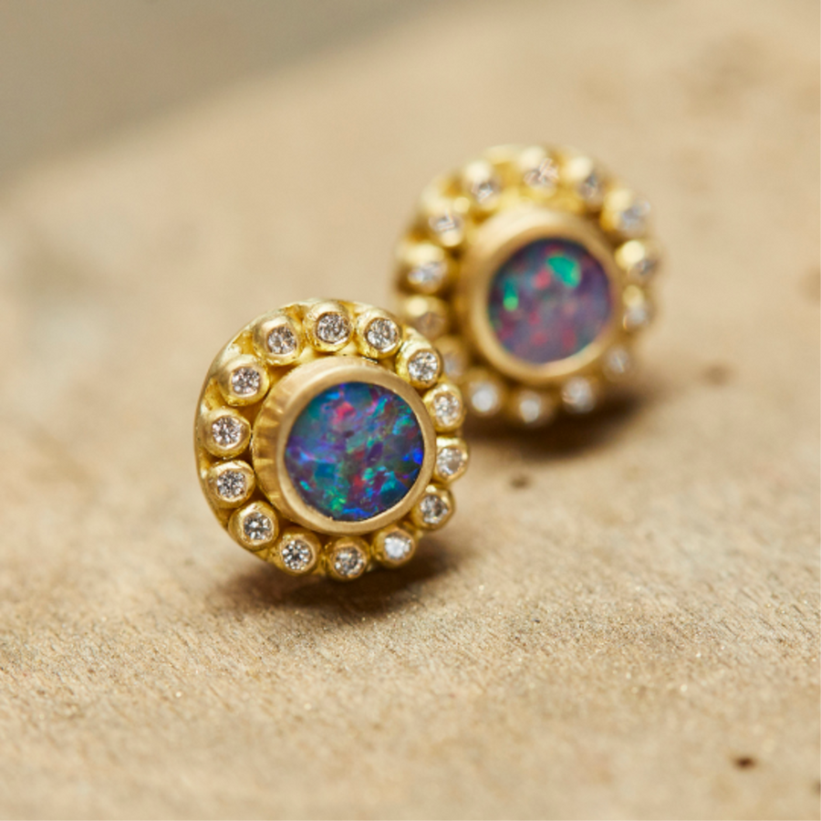Salome Classic Opal and Diamond Studs in 20K Peach Gold Reinstein Ross Goldsmiths