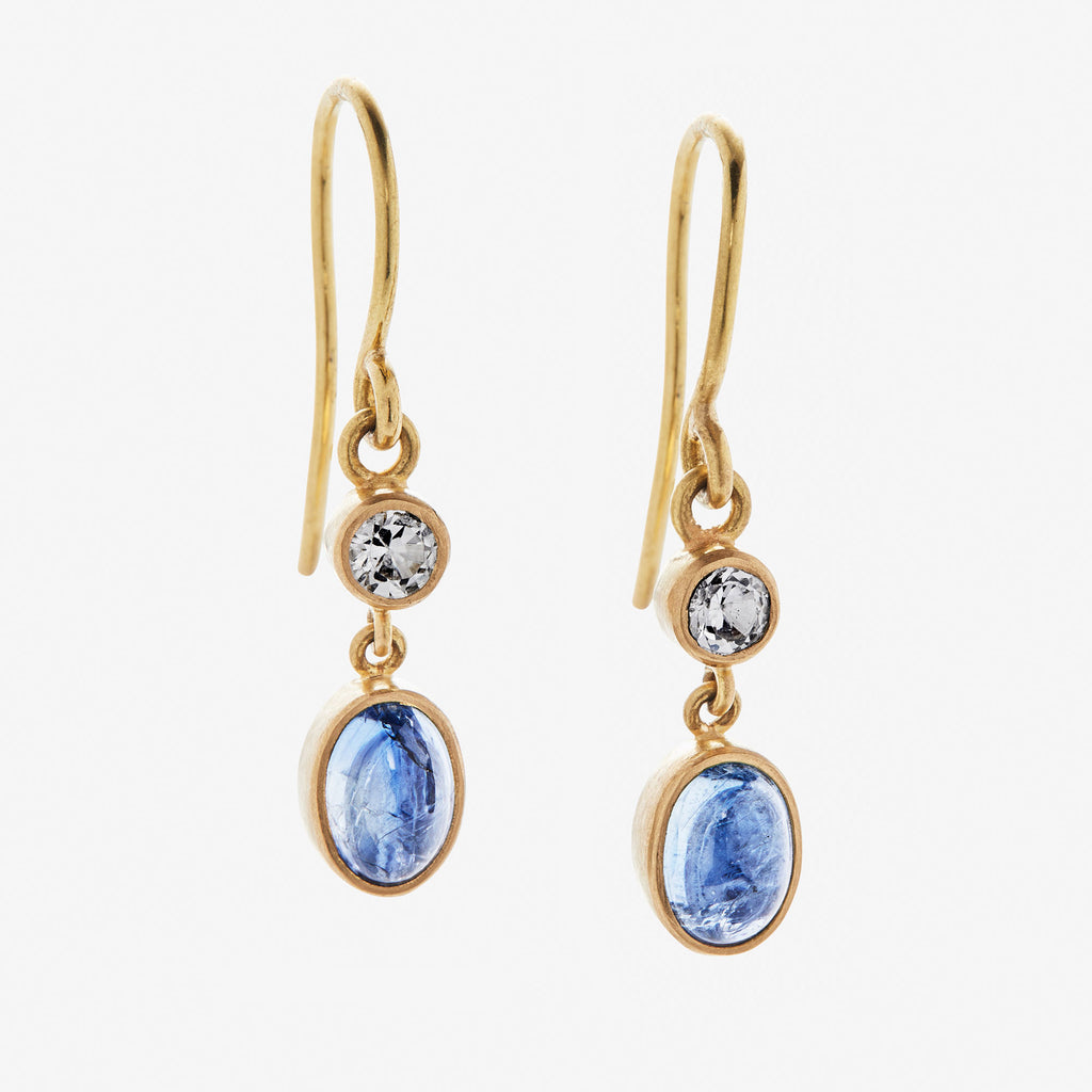 Sedona Two Part White and Blue Sapphire Earrings in 20K Peach Gold Reinstein Ross Goldsmiths