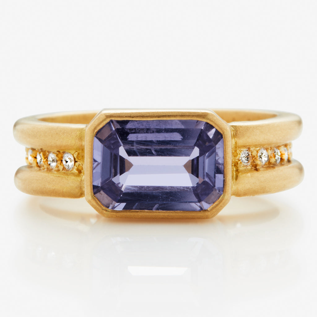 Shimmer Emerald Cut Violet Sapphire Ring in 20K Peach Gold Reinstein Ross Goldsmiths