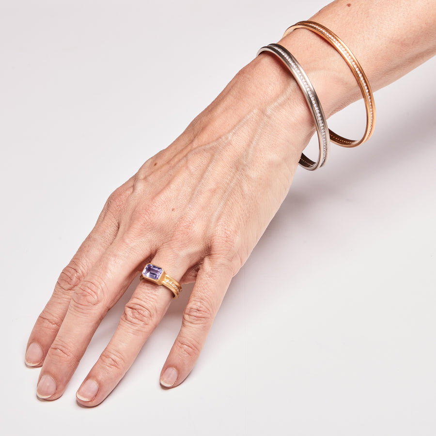 Shimmer Emerald Cut Violet Sapphire Ring in 20K Peach Gold Reinstein Ross Goldsmiths