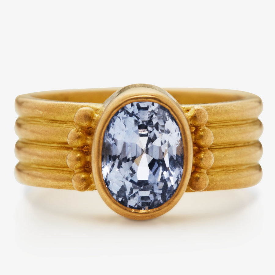 Half Round "Penta" Four Row with Granules Oval Ceylon Blue Sapphire Ring in 20K Peach Gold Reinstein Ross Goldsmiths