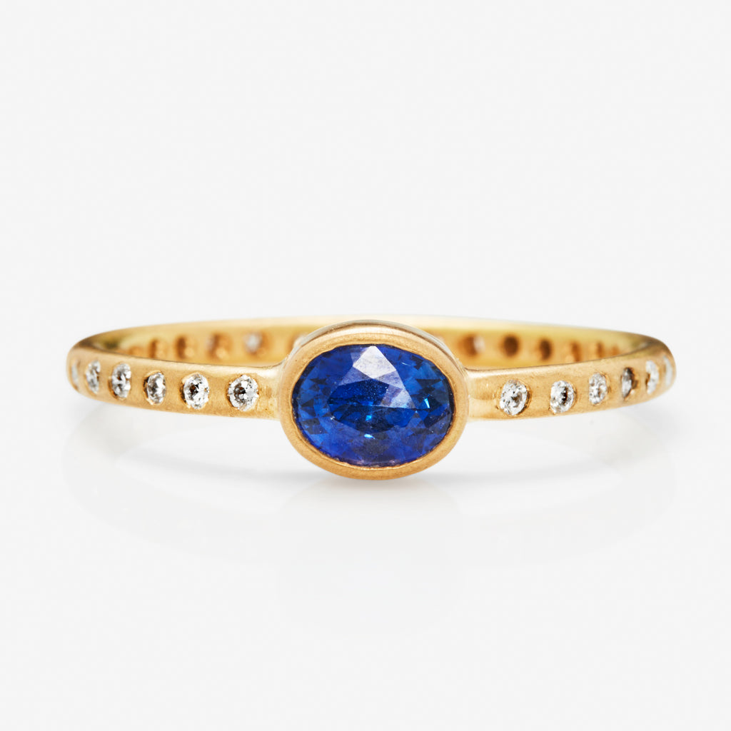 Hoopstock Mini Oval Blue Sapphire and Diamond Ring in 20K Peach Gold Reinstein Ross Goldsmiths