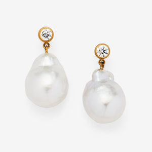 Meadow South Sea Baroque Pearl and Round Diamond Earrings in 20K Peach Gold Reinstein Ross Goldsmiths